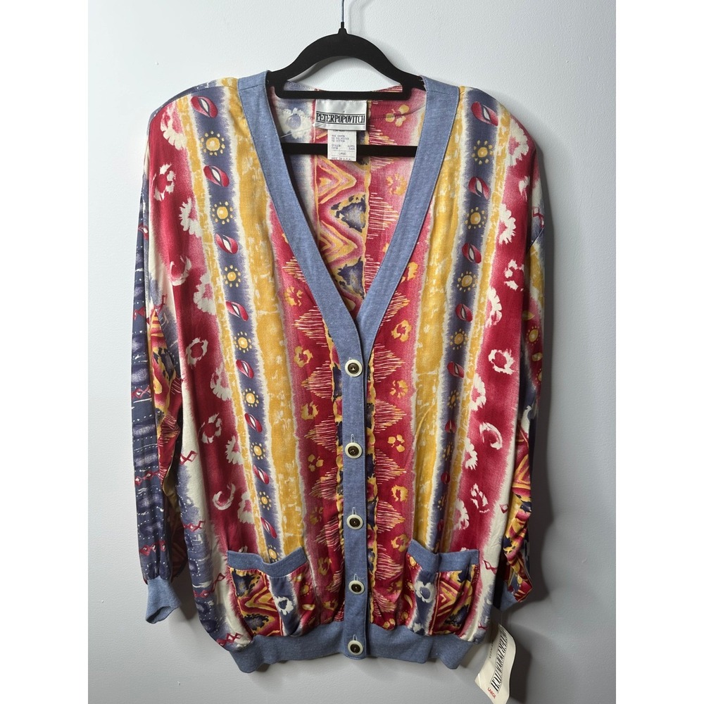 Peter Popovitch Vintage 90s Abstract Tribal Print Cardigan Sweater Red Blue L